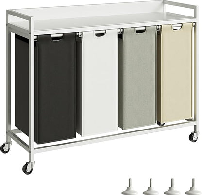 Laundry Hamper with Shelf, Laundry Basket 4 Section, Laundry Sorter with Pull-Out Removable Large 4 Color Bags and Movable Wheels, Metal Frame, 4 x 15.87 Gallons (60L), White PF07XLE