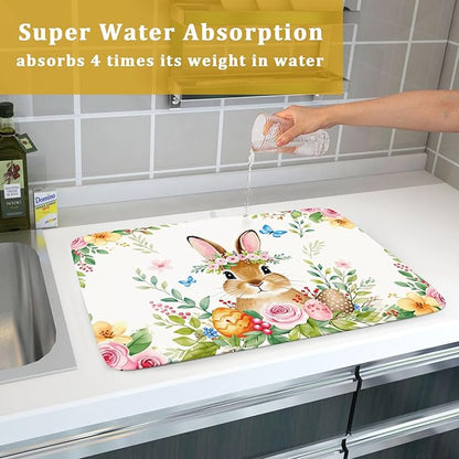 Easter Egg Bunny Dish Drying Mat 18 x 24 Inch With Absorbent Reversible Microfiber Spring Floral Flower Rabbit Butterfly Holiday Drying Mats Fast Dry Pad Draining Mat For Kitchen Countertop