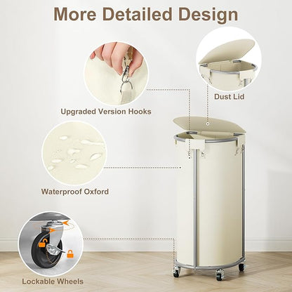 Chrislley Laundry Hamper with Wheels and Lid, 100L Rolling Laundry Basket, Half Round Laundry Cart with Removable Bag and Iron Frame, Dirty Clothes Hamper Organizer for Home, Dorm, Hotel, Beige