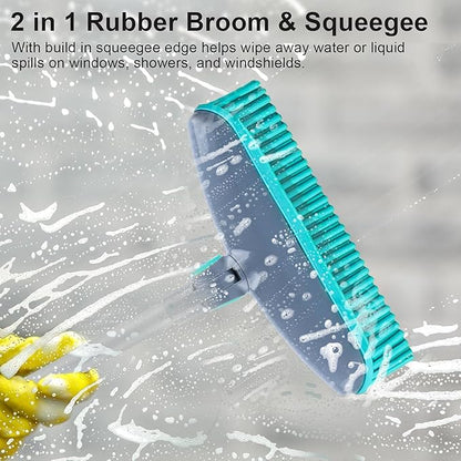 180°Rotating Head Rubber Broom with Squeegee for Pet Hair Removal - 51" Iron Handle Fur Remover Rake Brush for Carpet, Hardwood & Tile Floors, Includes Pet Hair Removal Gloves (Blue)