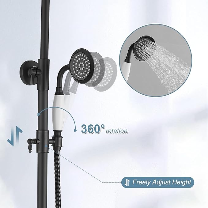 BWE Matte Black Shower Kit Exposed Shower System 8-Inch Rainfall Shower Head with Handheld Spray High Pressure Double Cross Knobs Shower Fixture Wall Mount