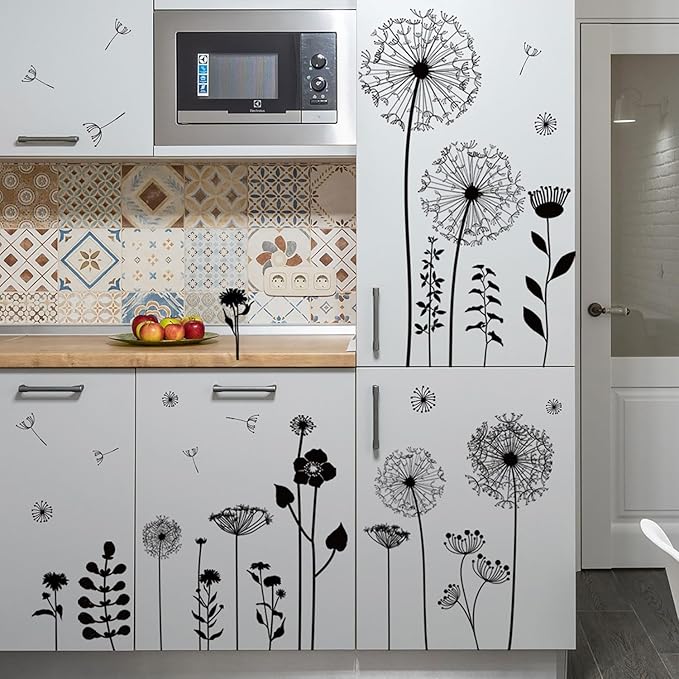 Black Dandelion Wall Decals Peel and Stick - Large Floral Wall Art Stickers with Flying Flowers, Boho Vintage Removable Vinyl Decor for Bedroom Living Room Nursery Bathroom