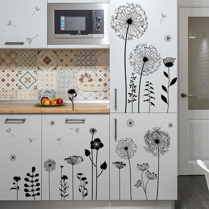 Black Dandelion Wall Decals Peel and Stick - Large Floral Wall Art Stickers with Flying Flowers, Boho Vintage Removable Vinyl Decor for Bedroom Living Room Nursery Bathroom