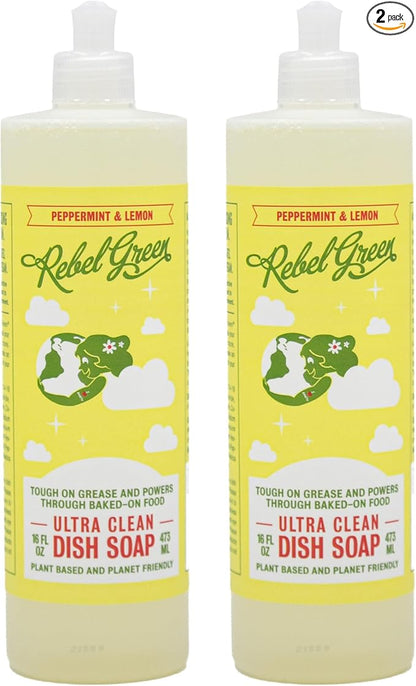 Rebel Green Super Deluxe Dish Soap - Plant-Derived Sustainable Dishwashing Soap - Peppermint & Lemon Scent - 16 fl oz - 2 Pack