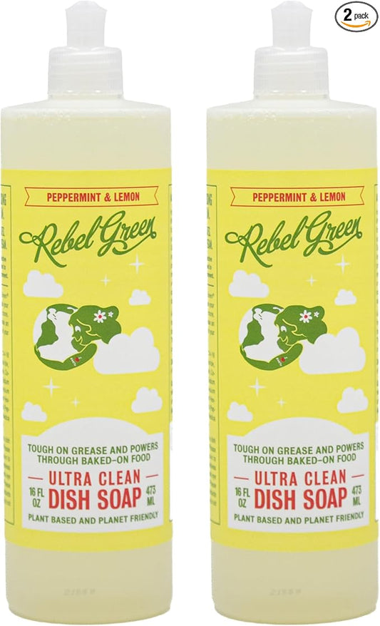 Rebel Green Super Deluxe Dish Soap - Plant-Derived Sustainable Dishwashing Soap - Peppermint & Lemon Scent - 16 fl oz - 2 Pack