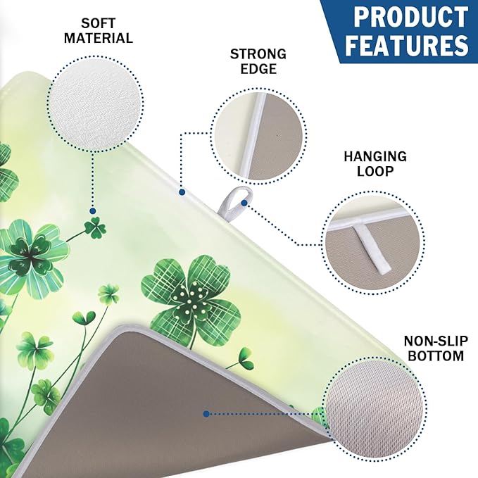 St Patrick's Day Dish Drying Mat for Kitchen Counter Green Lucky Shamrock Pattern Drying Mat 18x24 Inch Spring Holiday Absorbent Dish Drainer Mat Kitchen Accessories