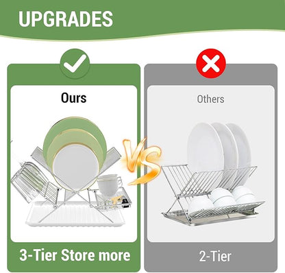 Dish Rack with Drip Tray, Stainless Steel 3-Tier Collapsible Drainer Dish Drying Rack for Kitchen Counter, Sink, Countertop,Cutlery, Dishes Utensils Flatware Holder Set, Reversible Cup Draining Rack