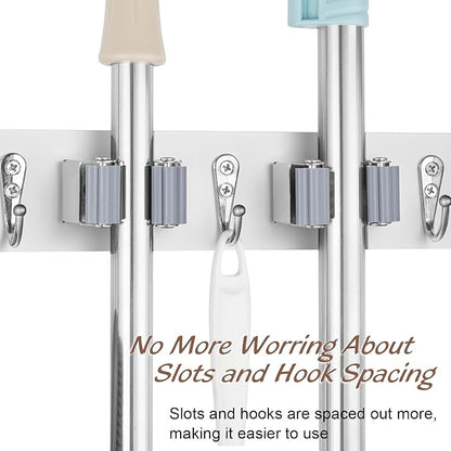 OUTNILI 2 Pack White Mop Broom Holder Wall Mount with 3 Slots & 4 Hooks - Rustic Wood Broom Mop Hanger for Pantry Kitchen Organization - Garden Tool Organizer for Closet Laundry Room