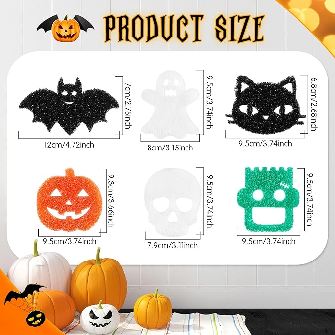 Umigy 6 Pcs Halloween Cleaning Sponges Cute Kitchen Scrub Sponges Ghost Bat Pumpkin Cat Sponge Temperature Sensitive Non Scratch Household Cleaning Sponges Scrubber for Dish Pots and Pans Dishwashing