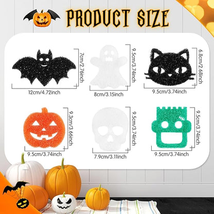 Umigy 6 Pcs Halloween Cleaning Sponges Cute Kitchen Scrub Sponges Ghost Bat Pumpkin Cat Sponge Temperature Sensitive Non Scratch Household Cleaning Sponges Scrubber for Dish Pots and Pans Dishwashing