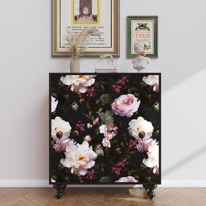 Fvlow Glowing Pink Floral Peel and Stick Wallpaper Vintage Black Wallpaper Vinyl Wrap Kitchen Worktop Covering Vinyl Self Adhesive Leaf Contact Paper for Cabinets Drawers Sticker Decor 17.4" x 394"