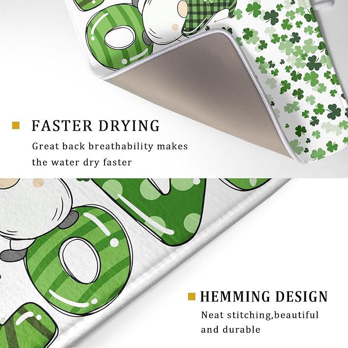St Patrick's Day Gnomes Love Dish Drying Mat for Kitchen Counter,Green Shamrock Clovers Drying Mat 18 x 24 Inch with High Absorbent Microfiber Drainer Mat for Coffee Bar
