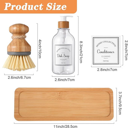 Zopeal 4 Pcs 16 oz Kitchen Soap Dispenser Set with Bamboo Tray and Dish Brush Plastic Soap Dispenser Set with Waterproof Labels for Hand Dish Lotion(Transparent)