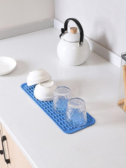 MicoYang Silicone Dish Drying Mat for Multiple Usage,Easy clean,Eco-friendly,Heat-resistant Silicone Mat for Kitchen Counter,Sink,Bar,Bottle,or Cup Lichen Blue M 17 inches x 6 inches