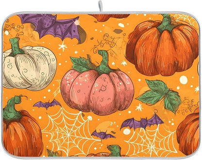 Halloween Colorful Pumpkin Pattern Dish Drying Mat for Kitchen Counter Super Absorbent Drying Mat 16x18 inch Large Dish Drying Matts for Countertop Protector Dishes Pad