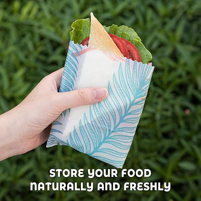 Akeeko Reusable Beeswax Food Wraps - Assorted 9 Packs, Reusable, Plastic-Free Food Storage, 5 Small, 2 Medium, 1 Large Wraps, 1 Extra Large with Tropical Leave Pattern