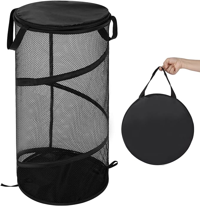 BATTOO Collapsible Laundry Basket with Lid Foldable Mesh Pop Up Hamper with Handles for Laundry Room, Bathroom, Kids Room, College Dorm, Travel, Storage Organizer Black