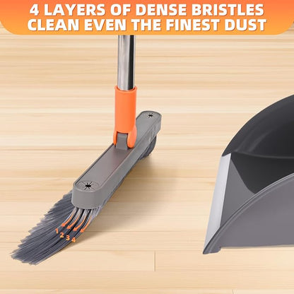 Broom and Dustpan Set, Self Cleaning with Metal Dustpan Teeth, Indoor&Outdoor Sweeping, Ideal for Dog Cat Pets Home Use, Stand Up Broom and Dustpan, Orange&Grey