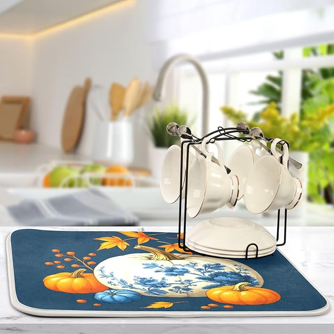 Pumpkin Porcelain Blue White Dish Drying Mat for Kitchen Countertop 16x18 Fall Maple Leaves Thanksgiving Day Small Drying Mat Reusable Quick Dry Dish Sink Mats Easy Clean Decorative Essentials