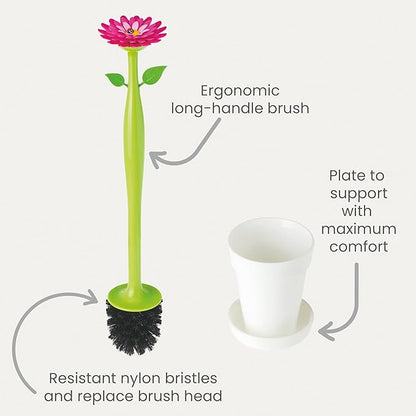 Vigar Flower Power Toilet Brush with Holder Set Toilet Brush with Daisy-shaped Handle, Flowerpot Base with Saucer Durable Bristles for Bathroom, White