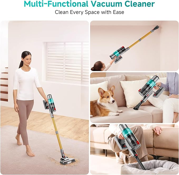 Cordless Vacuum Cleaner: Portable 6-in-1 Stick Vacuum with Anti-Tangle Brush, LED Headlight, Self-Standing, HD Display, Rechargeable Vacuum for Pet Hair, Low-Pile Carpet and Hardwood Floor-Green