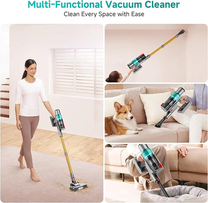 Cordless Vacuum Cleaner: Portable 6-in-1 Stick Vacuum with Anti-Tangle Brush, LED Headlight, Self-Standing, HD Display, Rechargeable Vacuum for Pet Hair, Low-Pile Carpet and Hardwood Floor-Green