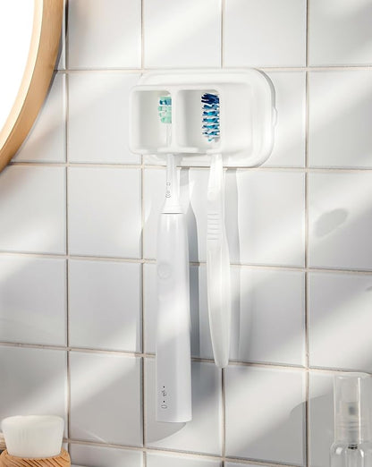 Silicone Suction Toothbrush Holder, 2-Slot Wall-Mounted Bathroom Organizer for Electric, Manual and Kids Toothbrushes, Space-Saving Travel Storage – Warm White