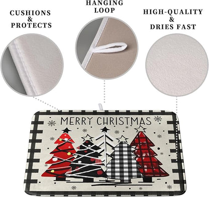Merry Christmas Dish Drying Mats for Kitchen Counter 16x18 Buffalo Plaid Christmas Tree Microfiber Absorbent Drying Mat Seasonal Winter Holiday Drying Pad Dish Drainer Mat for Coffee Bar Sinks