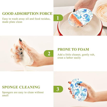 Seahorse Kitchen Scrub Sponges, Pop-up Kitchen Cleaning Sponges Reusable Dish Washing Sponges for Bathroom Household Cleaning 3 Pack - Non Scratch Scrubber