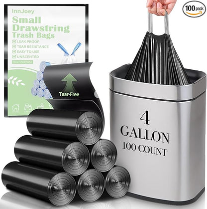 100 Count Small Drawstring Trash Bags for 4-Gallon (15 L) Trash Cans,Thick Pre-separated Garbage Bags,Mini Wastebasket can Liners for Bathroom Bedroom Office(Black)