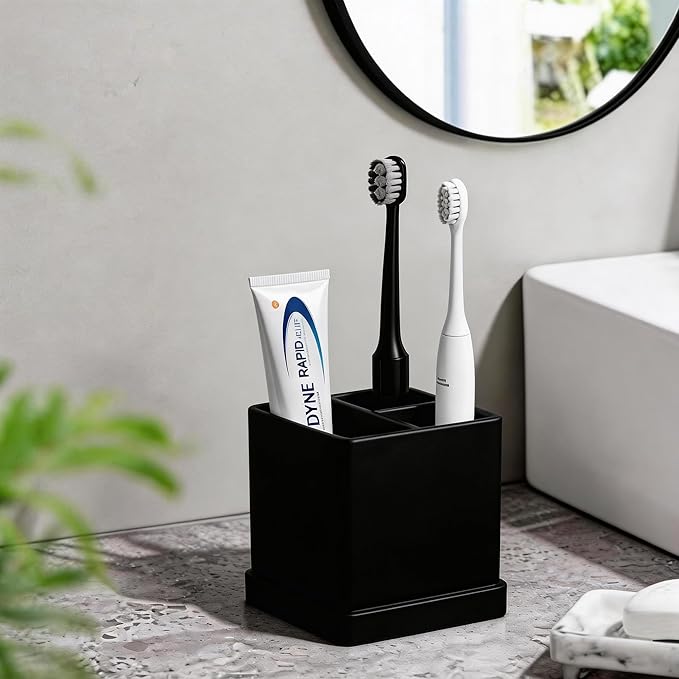 Toothbrush Holders for Bathrooms, 3 Slots Kids Countertop Silicone Electric Tooth Brush and Toothpaste Holder Organizer Stand with Drainage Tray, Bathroom Accessories Decor, Black