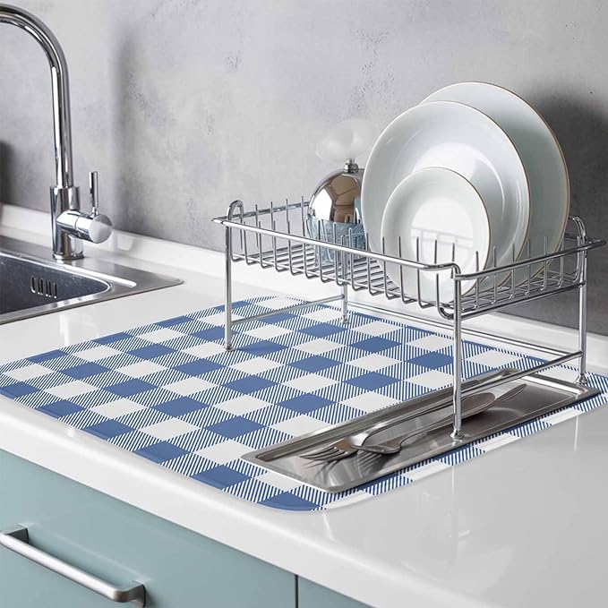Dish Drying Mat Buffalo Plaid Blue Check Drying Mats for Kitchen Counter Farmhouse Style Absorbent Microfiber Dish Drainer Quick Drying Coffee Mat with Hanging Loop, 18 x24 inch