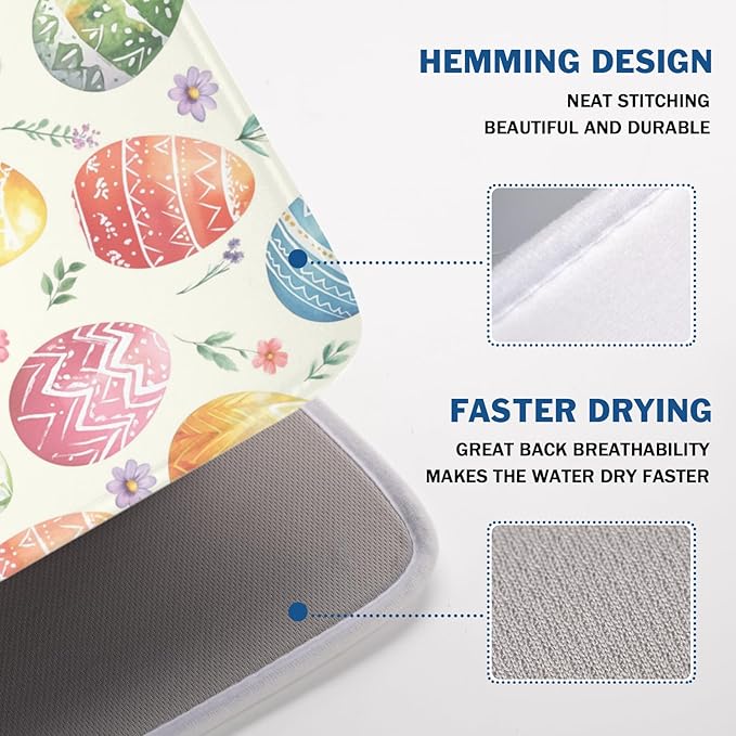 Easter Dish Drying Mat for Kitchen Counter Colorful Easter Eggs Floral Pattern Drying Mat 18x24 Inch Spring Holiday Absorbent Dish Drainer Mat Kitchen Accessories