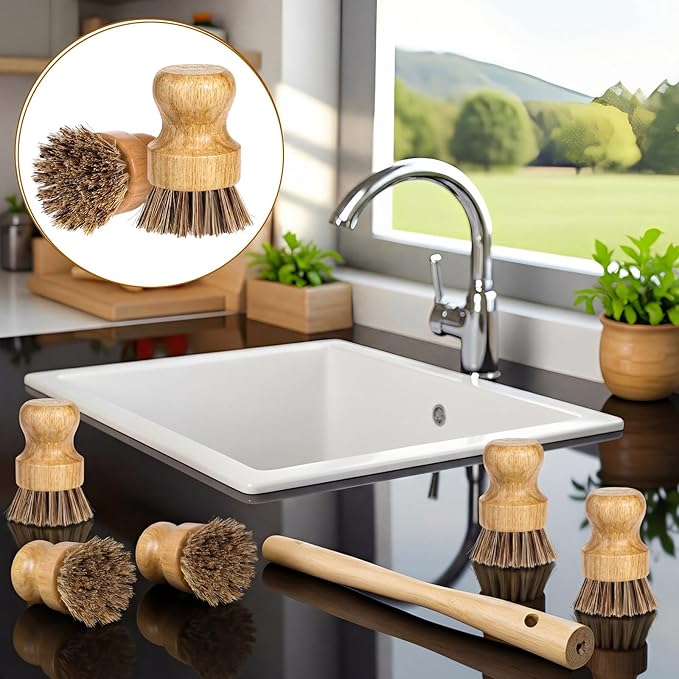 12 Packs Bamboo Dish Scrub Brush Wooden Washing Scrubbers with Sisal Bristles Kitchen Palm Pot Brush Round Mini Dish Brushes for Household Iron Pot Pan Sink Sink Vegetables Cleaning (Brown)