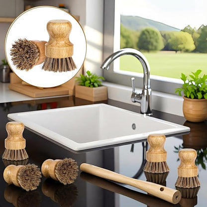 12 Packs Bamboo Dish Scrub Brush Wooden Washing Scrubbers with Sisal Bristles Kitchen Palm Pot Brush Round Mini Dish Brushes for Household Iron Pot Pan Sink Sink Vegetables Cleaning (Brown)