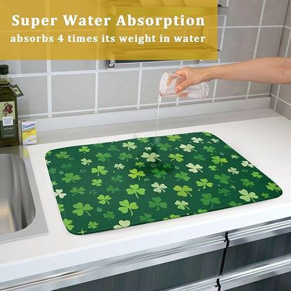 St Patrick's Day Dish Drying Mat 18 x 24 Inch With Absorbent Reversible Microfiber Green Lucky Shamrock Clover Drying Spring Dish Drainer Mat Fast Dry For Kitchen Dining Room Decor