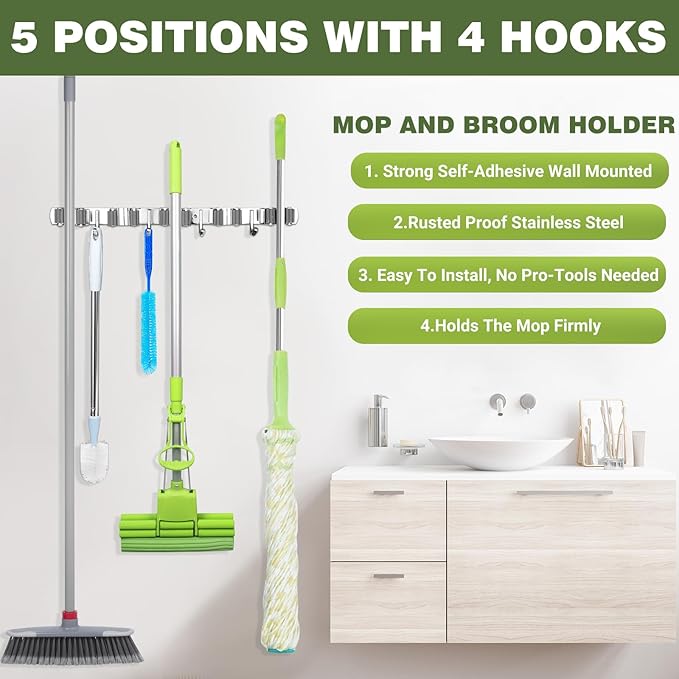 UNIFUN Broom Holder Wall Mount, Broom Organizer Wall Mount Stainless Steel Broom and Mop Hanger Heavy Duty Storage Organization for Home Kitchen Garden Garage Room 5 Racks 4 Hooks (1Pack)(Black Racks)