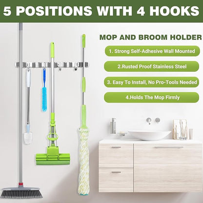 UNIFUN Broom Holder Wall Mount, Broom Organizer Wall Mount Stainless Steel Broom and Mop Hanger Heavy Duty Storage Organization for Home Kitchen Garden Garage Room 5 Racks 4 Hooks (1Pack)(Black Racks)