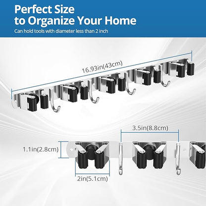2 Pack Broom Holder Wall Mount Mop and Broom Hanger Broom Organizer Storage Tool Racks Stainless Steel Heavy Duty for Kitchen Garden Laundry Garage (5 Racks with 4 Hooks)