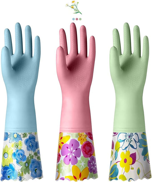 KAQ 3 Pairs Rubber Cleaning Gloves, Reusable Dishwashing Gloves for Kitchen with Cotton Liner, Long Cuff 16", Waterproof Non-Slip Household Gloves for Bleaching Bathroom, Laundry, Gardening (Large)