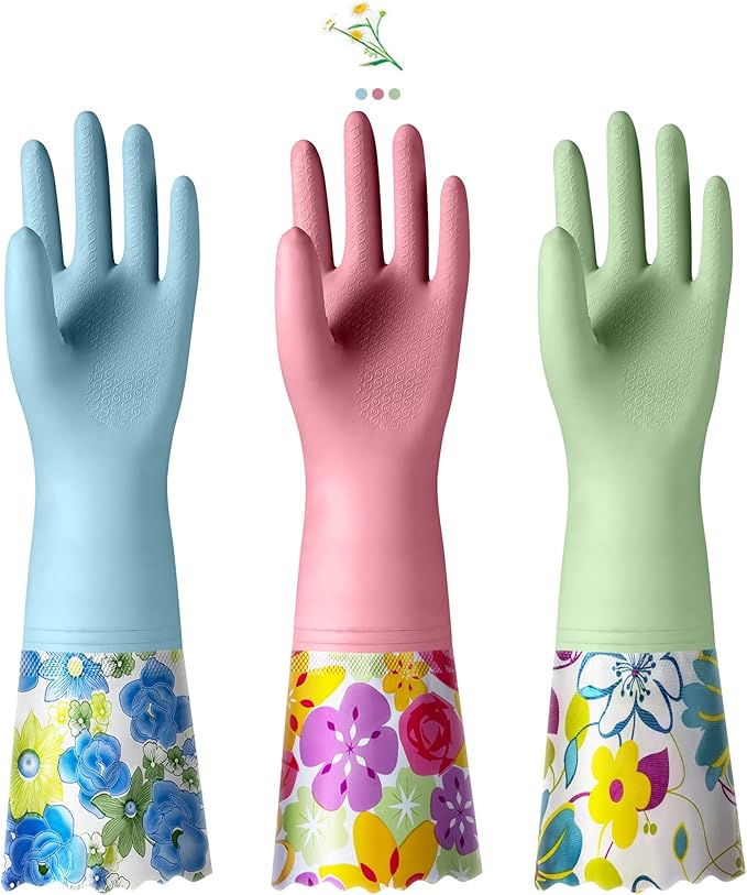 KAQ 3 Pairs Dishwashing Cleaning Gloves, Reusable Long Rubber Gloves with Cotton Lining, Latex Free Dish Washing Gloves, Water Resistant Household Glove for Kitchen Bathroom(Medium)