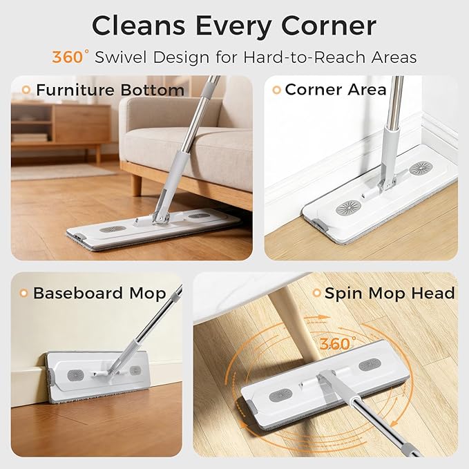Mop and Bucket Set with Detachable Space-Saving Bucket, Mop for Floor Cleaning with Wringer, Wall Mop with 360° Rotating Mop Head, 2 Reusable Microfiber Mop Pads
