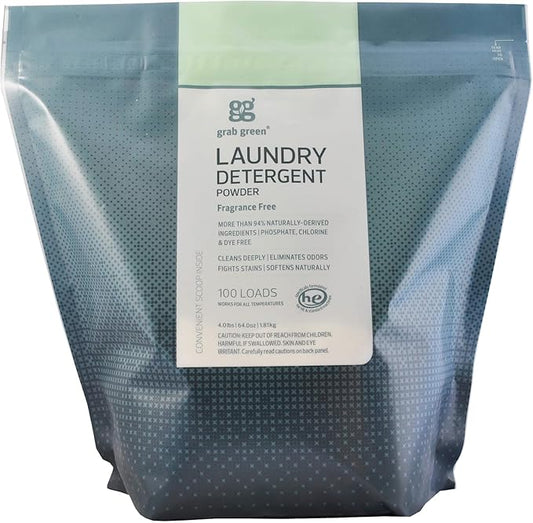 Grab Green 3-in-1 Laundry Detergent Powder, 4lbs -100 Loads, Fragrance Free, Plant and Mineral Based, Superior Cleaning Power, Stain Remover, Brightens Clothes, Packaging may vary