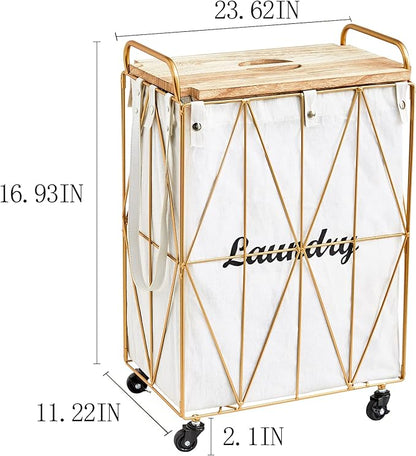 Mxfurhawa Iron Wire Laundry Hamper With Rolling Lockable Wheels, FoldinLaundry Storage Basket with Handles,Detachable Liner Collapsible Dirty Laundry Cart Sorter Clothes Basket Organizer (81-Gold)