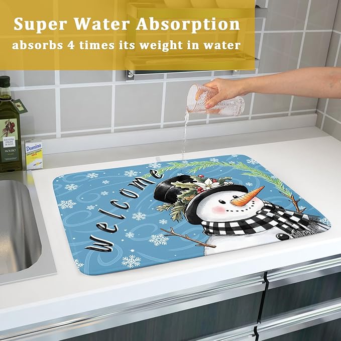 Christmas Snowman Dish Drying Mat for Kitchen Counter 18x24 Blue White Snowflake Welcome Winter Holiday Absorbent Reversible Microfiber Drying Mats Kitchen Countertop Protector Dishes Drainer Rack Pad