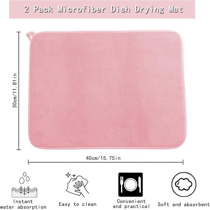 2pcs Dish Drying Mats with Hanging Loop, Absorbent Microfiber Dishes Drainer Mat for Kitchen Counter, Reusable Dish Drying Pad for Dishes, Utensils, Pots, Pans, 12" x 16", Pink