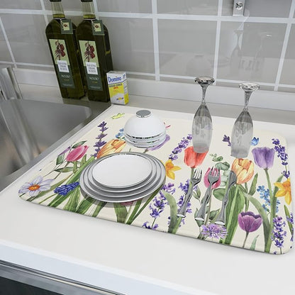 Spring Floral Dish Drying Mat for Kitchen Counter 18x24 Inch Spring Flowers Dish Drainer Rack Mats Absorbent Kitchen Drying Mat Botanical Floral Drainer Rack Mats for Kitchen Countertop Table Decor