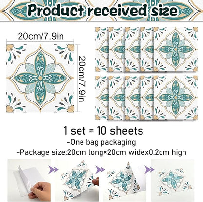AM AMAONM 10pcs 20x20cm Removable Square Vintage Floral Pattern Tile Stickers 3D Decorative Peel and Stick Vinyl Self Adhesive Wall Tiles Decor Decals for Kitchen Backsplash Bathroom Furniture (C)