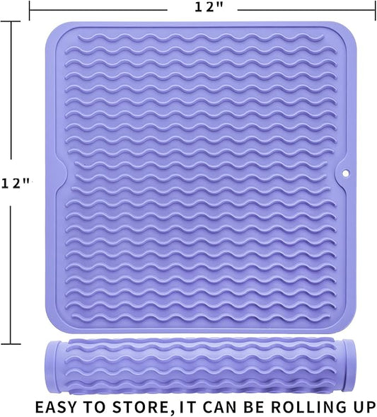 MicoYang Silicone Dish Drying Mat for Multiple Usage,Easy clean,Eco-friendly,Heat-resistant Silicone Mat for Kitchen Counter or Sink,Refrigerator or Drawer liner Light Purple M 12 inches x 12 inches