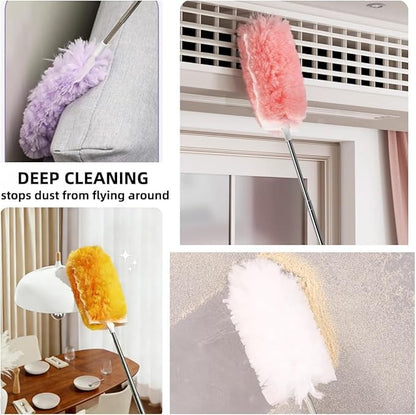 Heavy Duty Duster Refills, Disposable Dusters Kit for Cleaning Dusting Furniture Blind Ceiling Fan, Multi Surface 360 Feather Duster(10)+3FT Extended Handle（1） (Colorful)